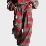 Natasa | Women's Red And Grey Plaid Brushed Distressed Street Style Trousers Set With Colourful Details