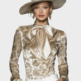 Rachel - Camisa de veludo estampado elegante e sofisticada na cor champanhe