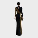 Jemaica | Elegant Black And Gold Rhinestone High Neck Maxi Dress