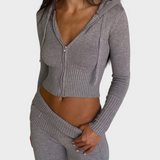 Xyrene | Conjunto de Casaco Curto com Capuz e Design Canelado