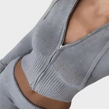 Xyrene | Conjunto de Casaco Curto com Capuz e Design Canelado