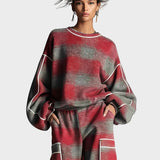 Natasa | Women's Red And Grey Plaid Brushed Distressed Street Style Trousers Set With Colourful Details