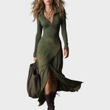 Tricia | Vestido Midi Bohemian em Algodão Lavado com Meio Zíper e Fenda na Bainha