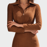 Orabella | Vestido Suede Castanho Caramelizado com Fecho de Correr