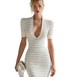 Mary | Elegant Beige Black Stripe Deep V-Neck Short Sleeve Slim-Fit Waffle Knit Bodycon Mini Dress