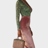 Regitze | Ροζ Βελούδινο Bodycon Φόρεμα Με Patchwork Λουράκια Και Λεοπάρ Μοτίβο