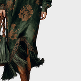 Makayla | Retro Silhouette Printed Green Faux Suede Maxi Dress