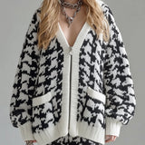Ora | Casual Chic Cardigan with V-Neck, Single-Breasted, Oversized, Long Sleeve, Knitted, Houndstooth Pattern