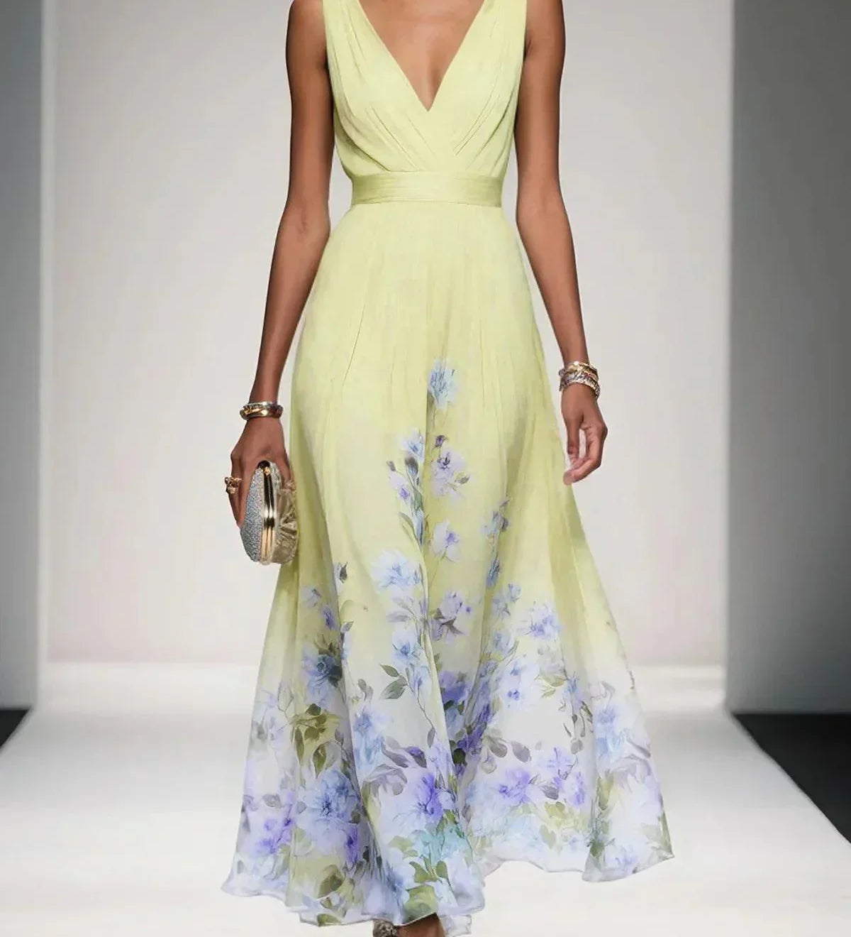 Thalia | Light Blue Floral Satin V-Neck Maxi Dress