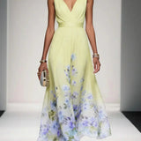 Thalia | Light Blue Floral Satin V-Neck Maxi Dress