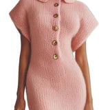 Sofie | Vintage Pink Εφαρμοστό Μίνι Πλεκτό Φόρεμα με Χνουδωτή Υφή, Γιακά, Κουμπιά και Κοντό Μανίκι (Vintage Pink Turn-Down Collar Button-Front Short-Sleeve Fitted Fuzzy Knit Mini Dress)