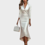 Blanca | Vestido de Cetim Branco Feminino Cruzado Decote em V Manga 3/4 Jaqueta Bodycon Maxi de Saia Alta Baixa