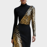 Jemaica | Elegant Black And Gold Rhinestone High Neck Maxi Dress