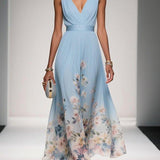 Thalia | Light Blue Floral Satin V-Neck Maxi Dress