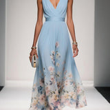 Thalia | Light Blue Floral Satin V-Neck Maxi Dress