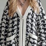 Ora | Casual Chic Cardigan with V-Neck, Single-Breasted, Oversized, Long Sleeve, Knitted, Houndstooth Pattern