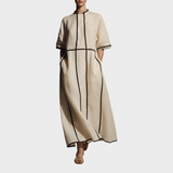 Peyton | Women's Modern Maxi Dress in Linen Blend in Beige with Stand Collar and Half Sleeve, With Contrast and Pockets MDA2924L4AU