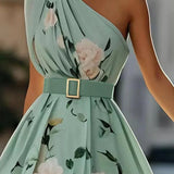Leda | Light Green Floral One-Shoulder Satin Maxi Dress