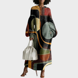 Rionida | Vestido maxi comprido com silhueta estampada geométrica abstrata retrô feminina com decote redondo