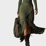 Tricia | Vestido Midi Bohemian em Algodão Lavado com Meio Zíper e Fenda na Bainha