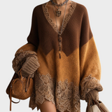 Mille | Καφέ Ombre Πλεκτό Δαντελένιο Oversized Φόρεμα Μίνι Με Μακριά Μανίκια