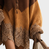 Mille | Καφέ Ombre Πλεκτό Δαντελένιο Oversized Φόρεμα Μίνι Με Μακριά Μανίκια