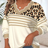Camisola de malha com decote em V, pormenor em contraste e padrão leopardo