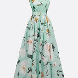 Leda | Light Green Floral One-Shoulder Satin Maxi Dress