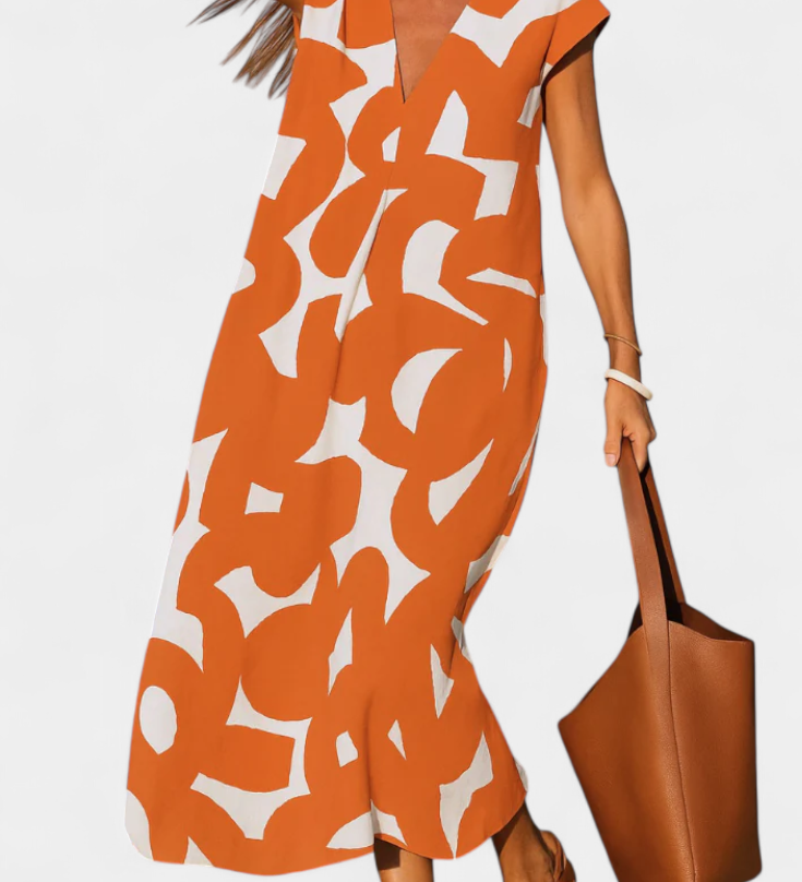 Asela Casual V-Neck Dress with Mixi Pattern