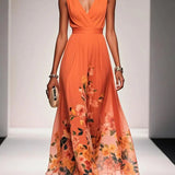 Thalia | Light Blue Floral Satin V-Neck Maxi Dress