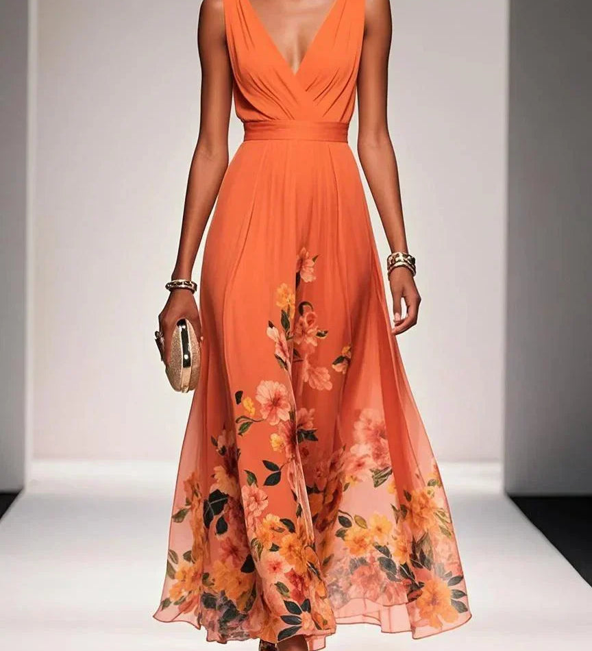 Thalia | Light Blue Floral Satin V-Neck Maxi Dress