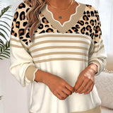Camisola de malha com decote em V, pormenor em contraste e padrão leopardo