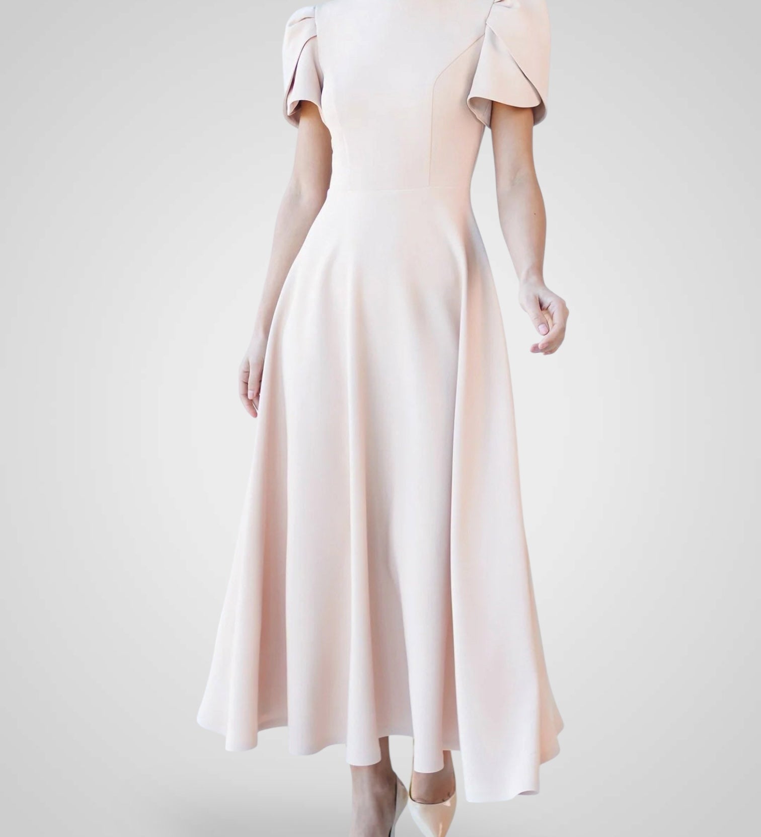 Elegant High Neck Midi Dress with Puff Sleeves