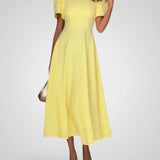 Elegant High Neck Midi Dress with Puff Sleeves