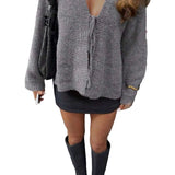 Alexa | Cozy Grey Tie-Front Knit Sweater