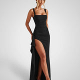 Loravel | Black Satin Slit Maxi Dress