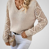 Nemi | Women's Knit Pullover - Long Sleeve - Open-Knit Details - Relaxed Fit