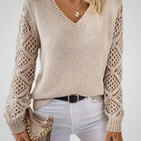 Nemi | Women's Knit Pullover - Long Sleeve - Open-Knit Details - Relaxed Fit