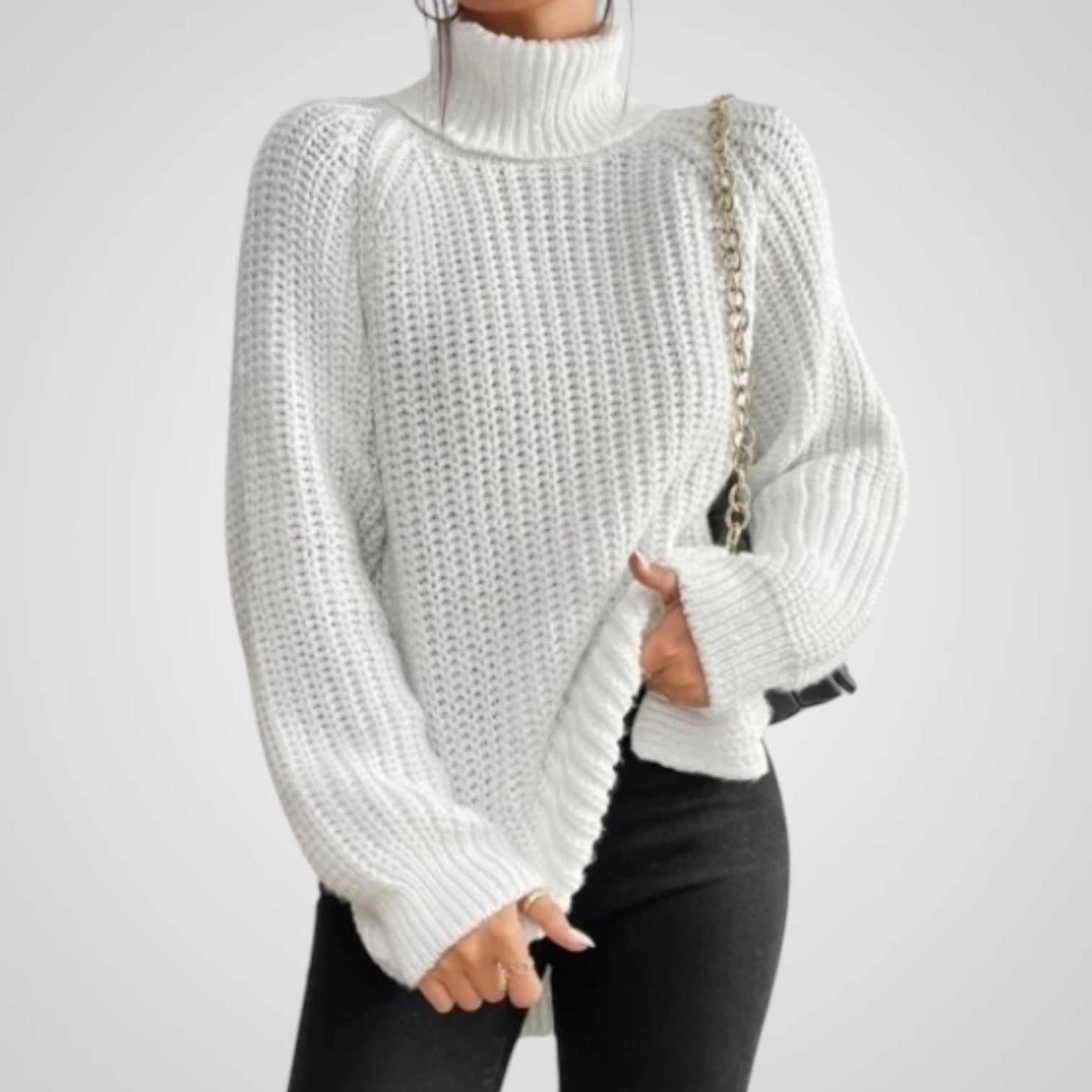 Camisola de malha canelada de gola alta com rasgões para mulher