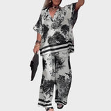 Printed V-neck blouse + long trousers
