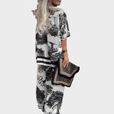 Printed V-neck blouse + long trousers