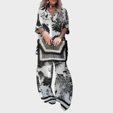 Printed V-neck blouse + long trousers