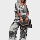 Printed V-neck blouse + long trousers