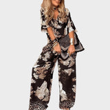 Printed V-neck blouse + long trousers