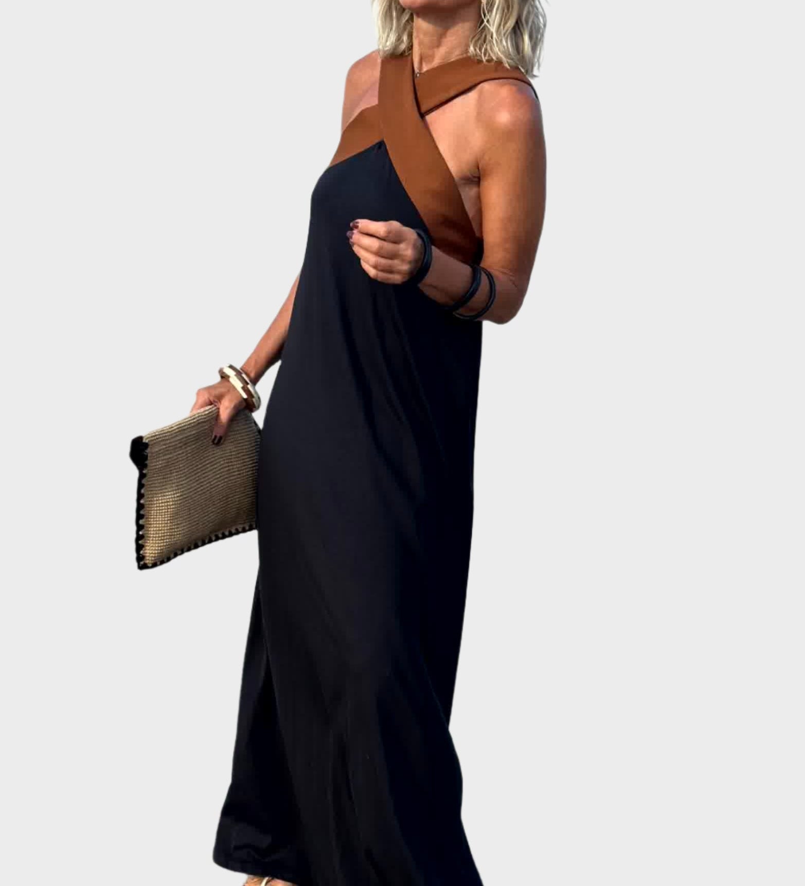 Elegant Dress with Open Back and Modern Crossover Neckline