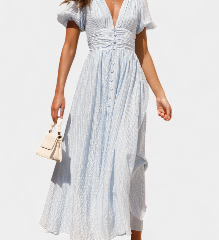 Mélia Maxi Dress με V-Neck και Φουσκωτά Μανίκια