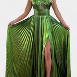 Catarina Metallic Maxi Dress with Halter Neck and Slit