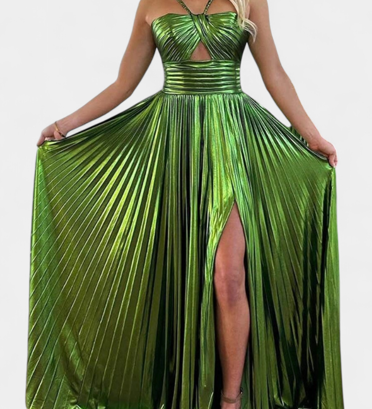 Catarina Metallic Maxi Dress with Halter Neck and Slit