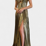 Catarina Metallic Maxi Dress with Halter Neck and Slit