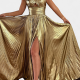 Catarina Metallic Maxi Dress with Halter Neck and Slit